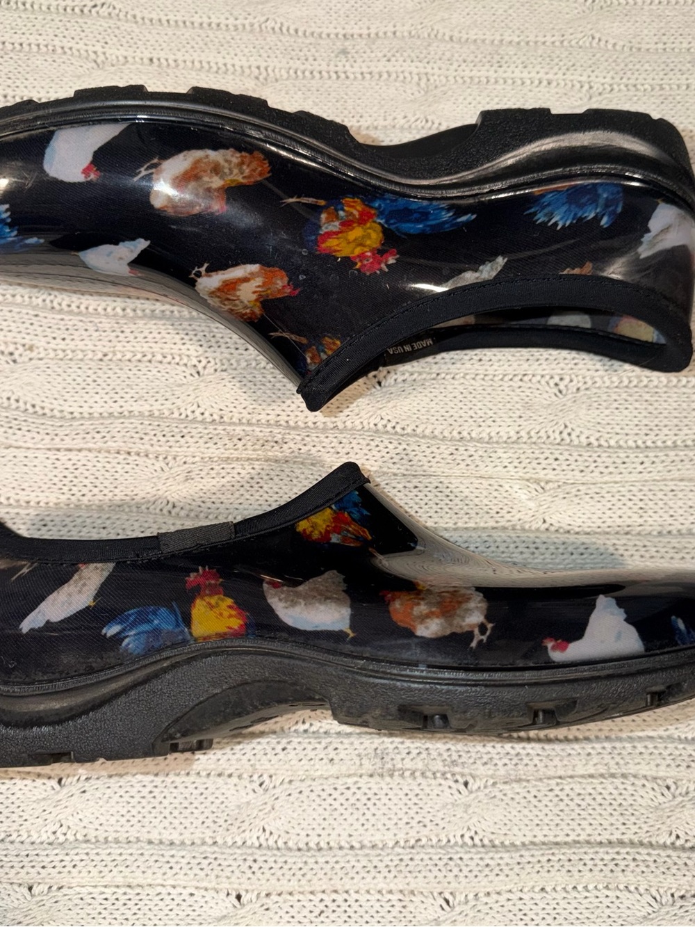Sloggers Black Garden Clog Rain Shoes with Colorful Rooster / chicken Print